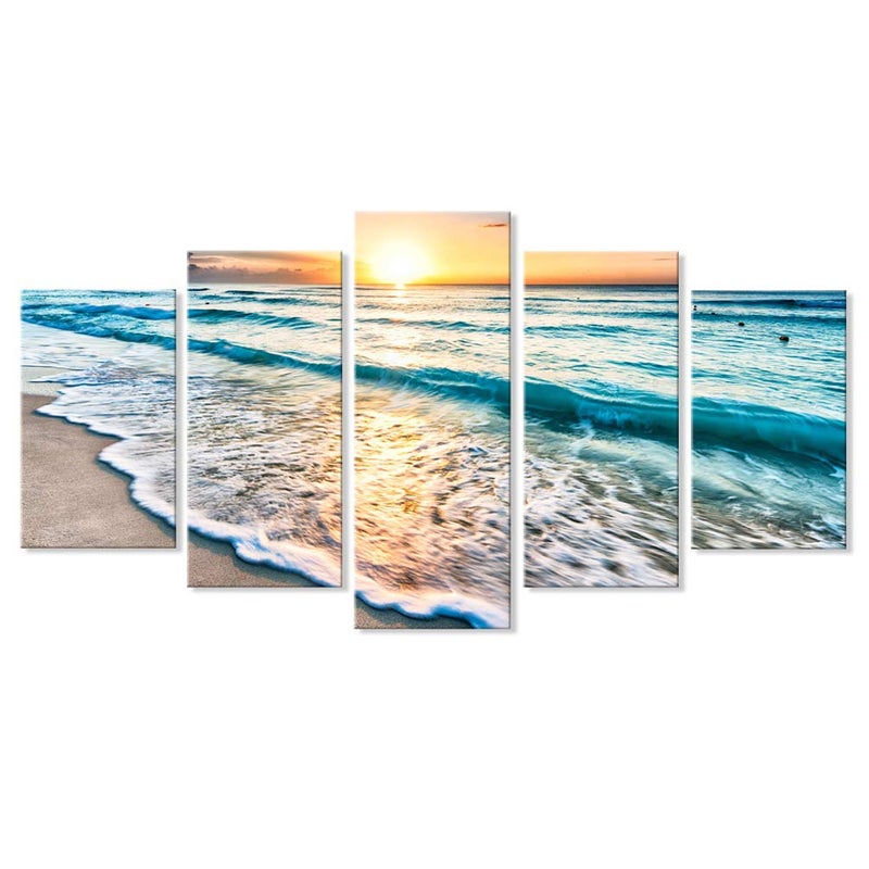Goldfoilart 5 Pieces Beach Coastal Wall Art Sea Sunset Seascape Pictures Ocean Photography Canvas Large Horizontal Landscape Multi Framed Artwork for Bedroom Living Room Bathroom Wall Decor - Image 1